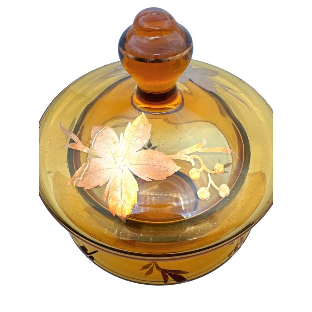 Vintage Roumania Amber Color Glass Jar Candy Dish Gold Trim Leaf Design European - Picture 2 of 11